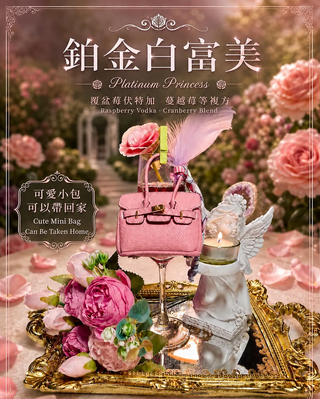 Salud Taipei 鉑金白富美調酒,粉色迷你包羽毛與玫瑰造型