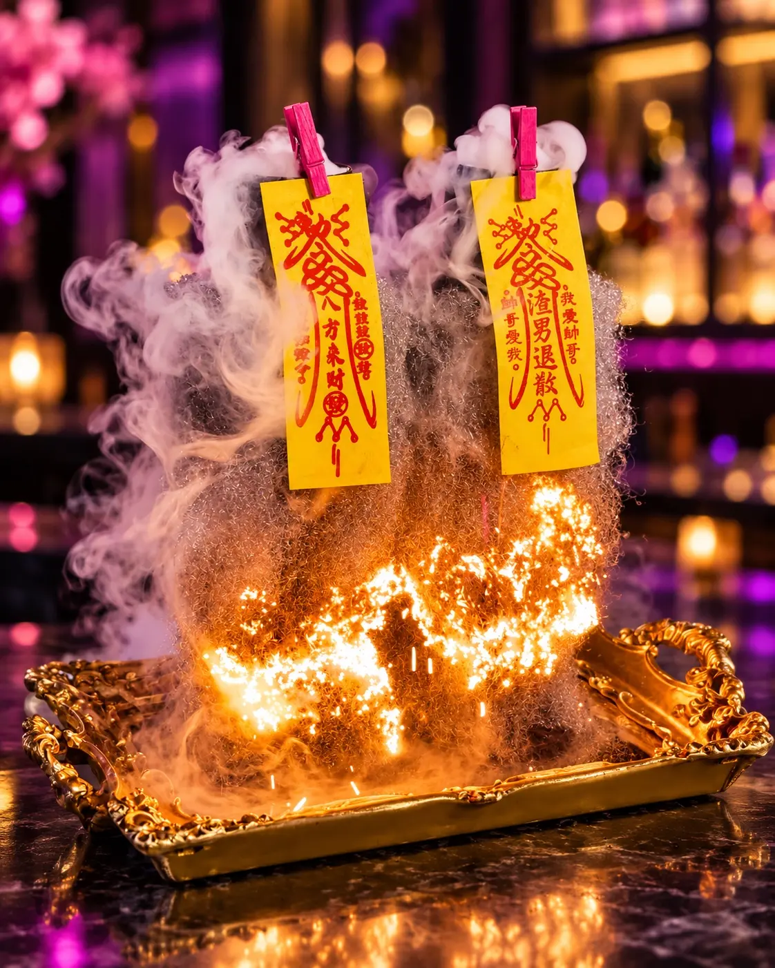 Salud Taipei 渣男退散火焰調酒,雙杯符咒造型搭配煙花效果